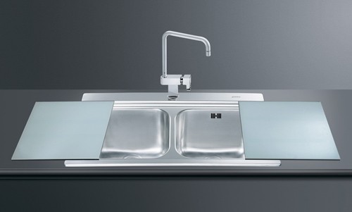 Larger image of Smeg Sinks Iris 2.0 Bowl Sink & Silver Glass Chopping Boards.