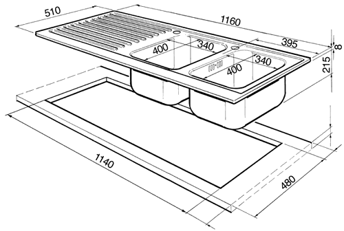 Technical image of Smeg Sinks 2.0 Bowl Stainless Steel Kitchen Sink With Left Hand Drainer.