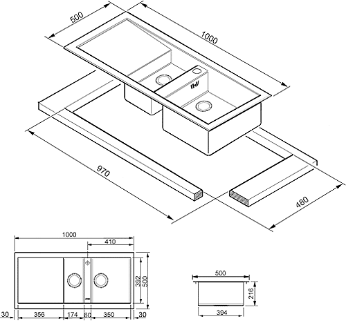 Technical image of Smeg Sinks 1.5 Bowl Low Profile Stainless Steel Sink, Right Hand Drainer.