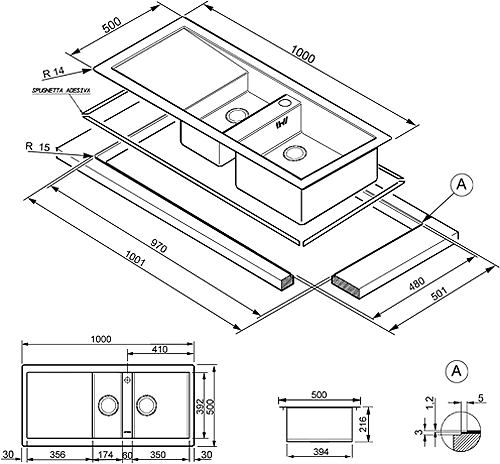 Technical image of Smeg Sinks 1.5 Bowl Stainless Steel Flush Fit Sink, Right Hand Drainer.