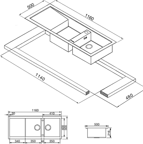 Technical image of Smeg Sinks 2.0 Bowl Stainless Steel Inset Kitchen Sink, Right Hand Drainer.