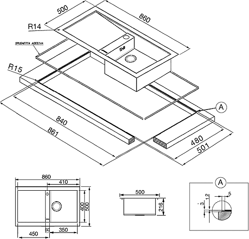 Technical image of Smeg Sinks 1.0 Bowl Stainless Steel Flush Fit Sink, Right Hand Drainer.