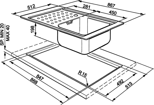 Technical image of Smeg Sinks Flush Fit 1.0 Bowl Stainless Steel Sink, Left Hand Drainer.