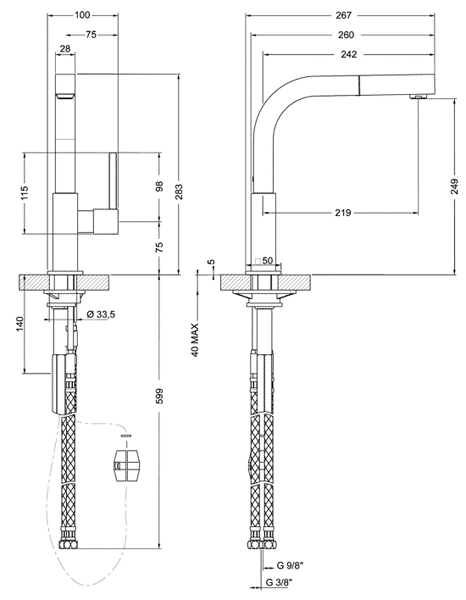 Technical image of Smeg Taps Rinser Kitchen Tap With Single Lever (Brushed Steel).