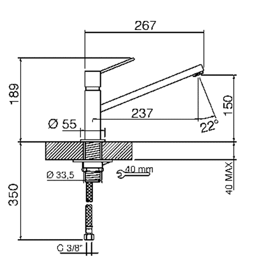 Technical image of Smeg Taps Kitchen Tap With Single Lever Control (Brushed Stainless Steel).