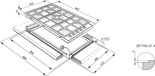 Technical image of Smeg Gas Hobs Linear Flush Fit 5 Burner Gas Hob. 900mm.