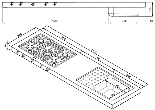 Technical image of Smeg Sinks Work Centre With Gas Hob And Left Hand Sink. 2100mm.