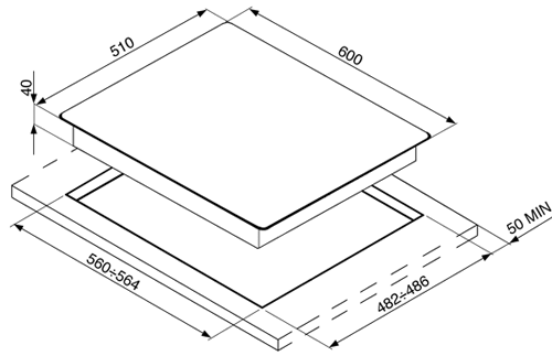 Technical image of Smeg Gas Hobs Linea 4 Burner Gas Hob. 60cm (White Glass).