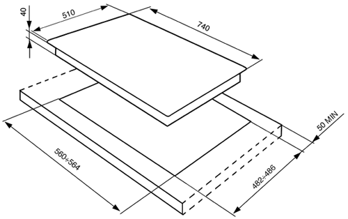 Technical image of Smeg Gas Hobs Linea 5 Burner Gas Hob. 74cm (White Glass).