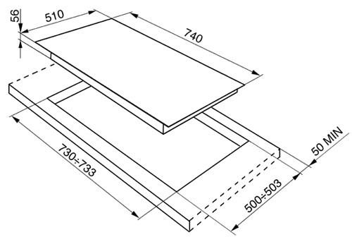 Technical image of Smeg Gas Hobs Linea 5 Burner Low Profile Gas Hob. 74cm (White Glass).