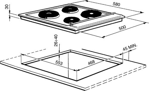 Technical image of Smeg Electric Hobs Cucina 4 Plate White Electric Hob. 580mm.