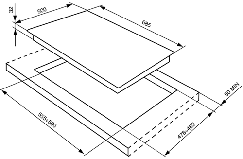 Technical image of Smeg Gas Hobs Classic 5 Burner Gas Hob. 70cm (Stainless Steel).