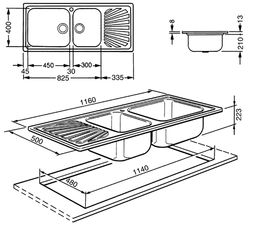 Technical image of Smeg Sinks 2.0 Bowl Stainless Steel Kitchen Sink With Left Hand Drainer.