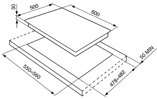 Technical image of Smeg Gas Hobs Cortina 4 Burner Gas Hob With Silver Controls. 60cm (S Steel).