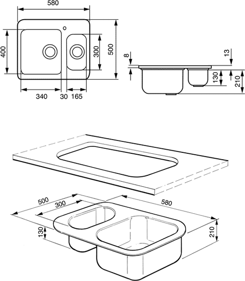 Technical image of Smeg Sinks Alba 1.5 Bowl Inset Sink (Stainless Steel).