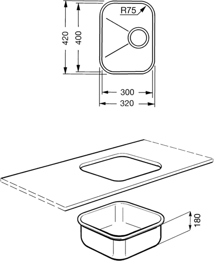 Technical image of Smeg Sinks 1.0 Bowl Oval Stainless Steel Undermount Kitchen Sink. 300mm.