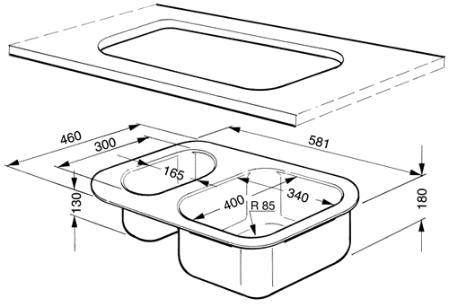 Technical image of Smeg Sinks 1.5 Bowl Stainless Steel Undermount Kitchen Sink.