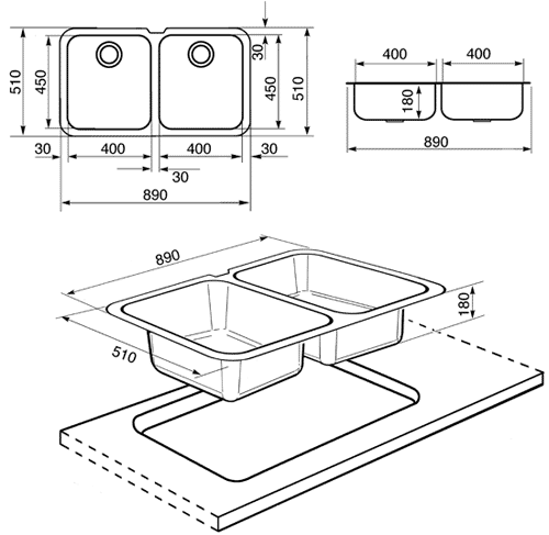 Technical image of Smeg Sinks Alba 2.0 Bowl Undermount Kitchen Sink (Stainless Steel).