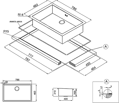 Technical image of Smeg Sinks 1.0 Bowl Stainless Steel Flush Fit Kitchen Sink.