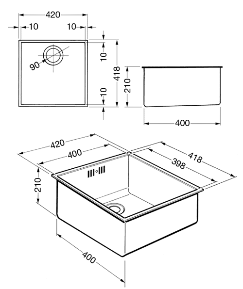 Technical image of Smeg Sinks Quadra Undermount Kitchen Sink 400x400mm (S Steel).