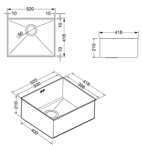 Technical image of Smeg Sinks Quadra Undermount Kitchen Sink 400x500mm (S Steel).