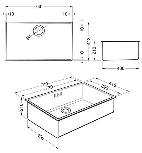 Technical image of Smeg Sinks Quadra Undermount Kitchen Sink 720x400mm (S Steel).