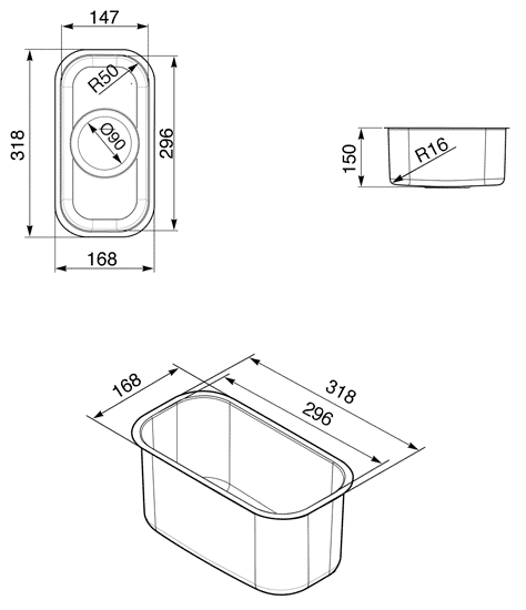 Technical image of Smeg Sinks Mira Undermount Kitchen Sink 150x320mm (S Steel).