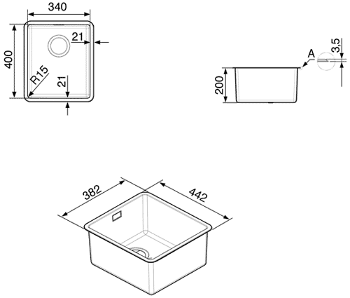 Technical image of Smeg Sinks Mira Undermount Kitchen Sink 340x400mm (S Steel).