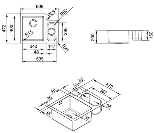 Technical image of Smeg Sinks Mira 1.5 Bowl Undermount Kitchen Sink 472x608mm (S Steel).