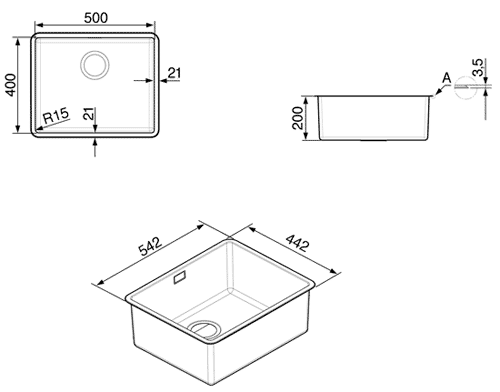 Technical image of Smeg Sinks Mira Single Bowl Undermount Kitchen Sink 500x400mm (S Steel).