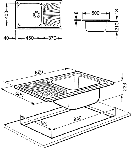 Technical image of Smeg Sinks 1.0 Large Bowl Stainless Steel Kitchen Sink, Left Hand Drainer.