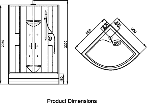 Technical image of Hydra Quadrant Shower Pod With Body Jets, Valve & Shower Heads. 900x900.