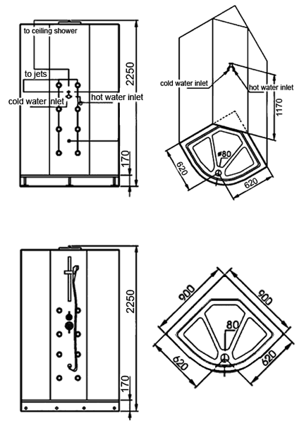 Technical image of Hydra Quadrant Shower Pod With Body Jets, Valve & Shower Heads. 900x900.