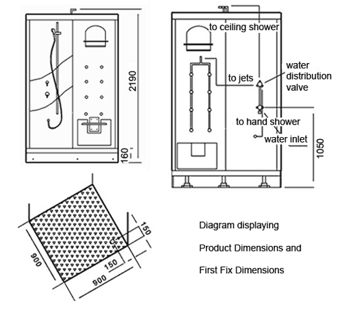 Technical image of Hydra Square Shower Pod With Body Jets, Valve & Shower Heads. 900x900.