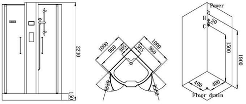 Technical image of Hydra Quadrant Steam Shower Enclosure With Twin Controls. 1000x1000.