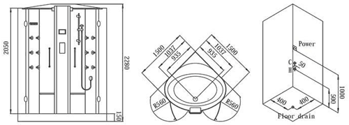 Technical image of Hydra Quadrant Steam Shower Enclosure With Twin Controls. 1500x1500.