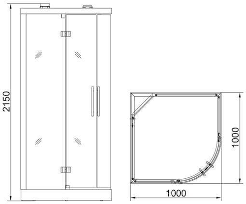 Technical image of Hydra Quadrant Steam Shower Cubicle (Bamboo). 1000x1000mm.
