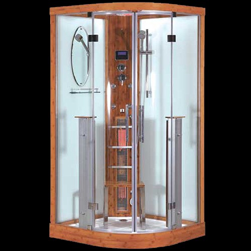 Larger image of Hydra Quadrant Steam Shower & Sauna Cubicle (Bamboo). 1000x1000mm.