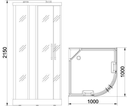 Technical image of Hydra Quadrant Steam Shower & Sauna Cubicle (Bamboo). 1000x1000mm.