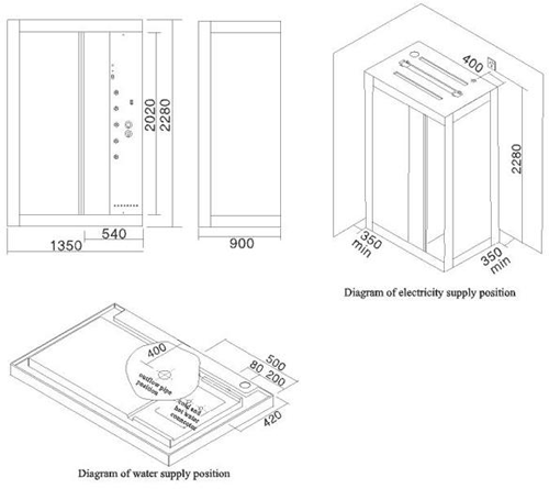 Technical image of Hydra Rectangular Steam Shower Enclosure With Mirror Ceiling. 1350x900.