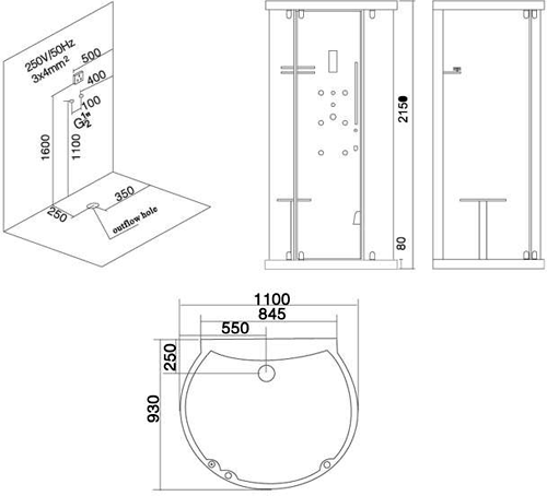 Technical image of Hydra D Shaped Steam Shower Enclosure With LED Lighting. 1100x930mm.