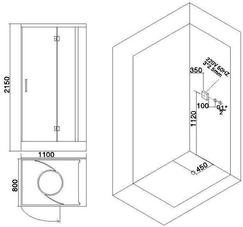 Technical image of Hydra Rectangular Steam Shower Enclosure With LED Lighting. 1100x800mm.