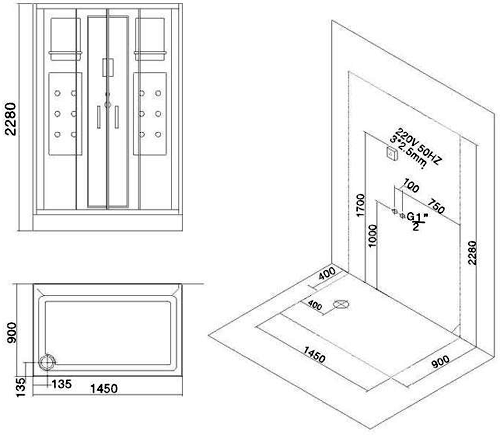 Technical image of Hydra Rectangular Steam Shower Enclosure With Mirror Panel. 1450x900mm.