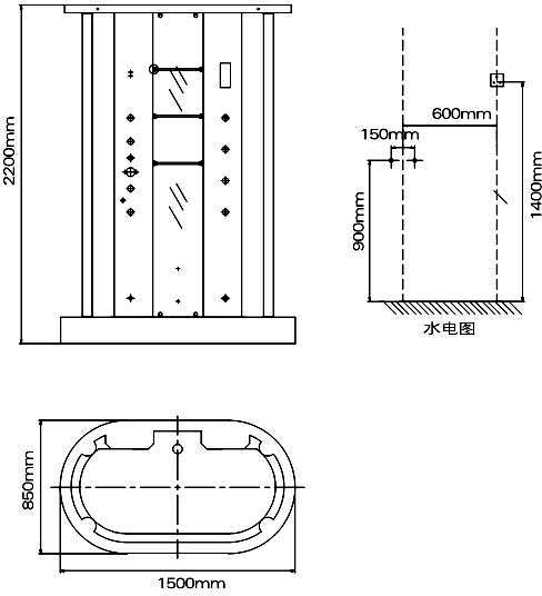 Technical image of Hydra Curved Steam Shower Enclosure With LED LIghting. 1500x850mm.