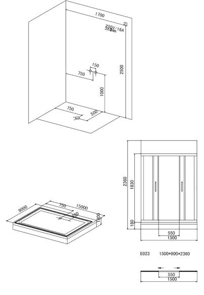 Technical image of Hydra Curved Roof Steam Shower Enclosure With LED LIghting. 1500x900mm.