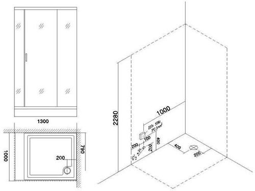 Technical image of Hydra Rectangular Steam Shower Enclosure With Mirror. 1300x1000mm.