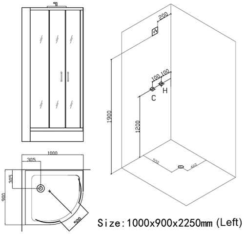 Technical image of Hydra Steam Shower Enclosure (Black, Oak, Left Handed). 1000x900.