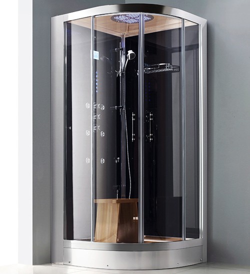 Larger image of Hydra Steam Shower Enclosure (Black, Teak, Left Handed). 1000x900.