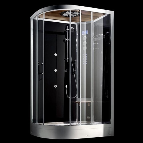 Larger image of Hydra Steam Shower Enclosure (Black, Teak, Right Handed). 1200x900.