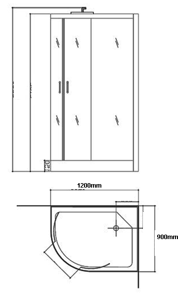 Technical image of Hydra Steam Shower Enclosure (Black, Teak, Right Handed). 1200x900.